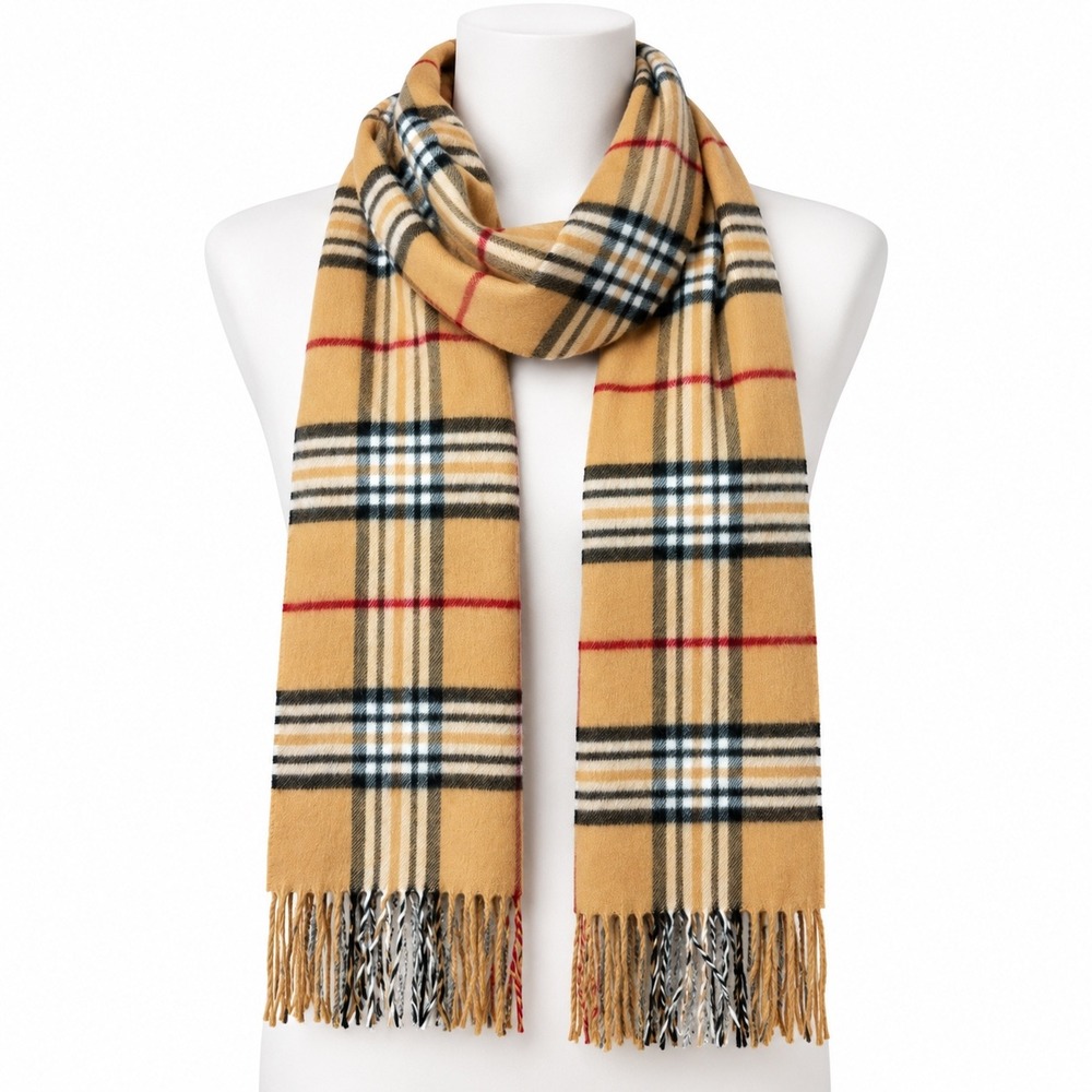 V Fraas Casanova Scarf Tan Plaid Fringe Made Germany Preppy Old Money Classic OS